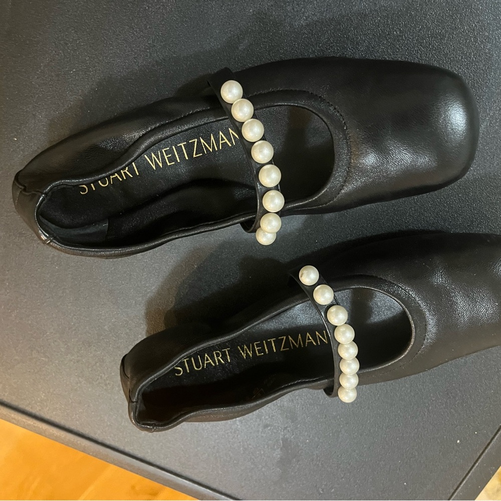 Stuart Weitzman Black Flats with Pearl Accent